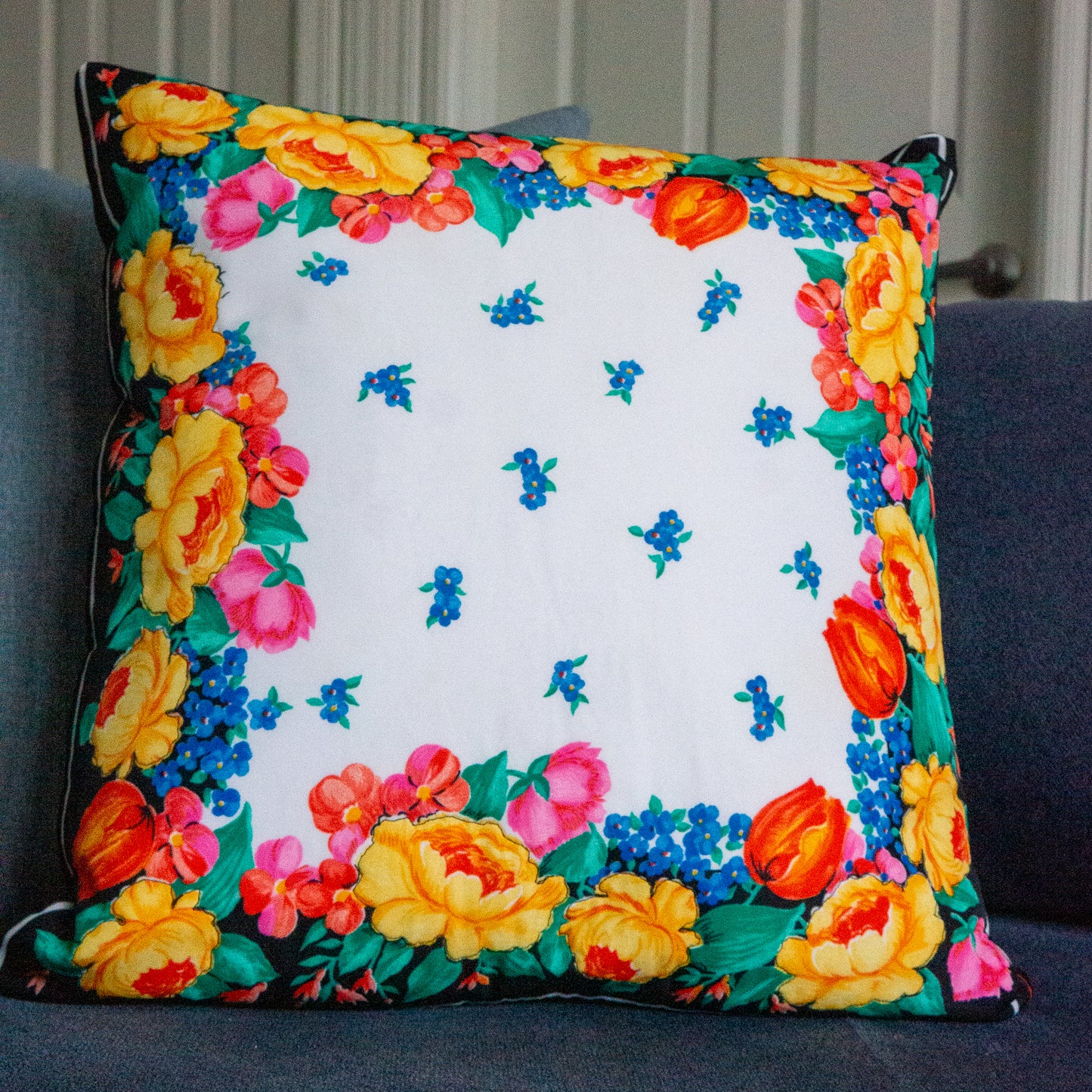 Tulip Floral Print Cushion Upcycled Scarf Throw Pillow 18”