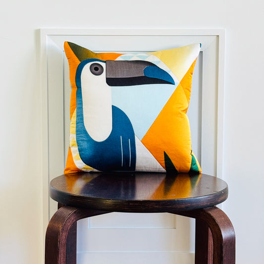 Toucan Bird Print Cushion Upcycled Scarf Throw Pillow 12"