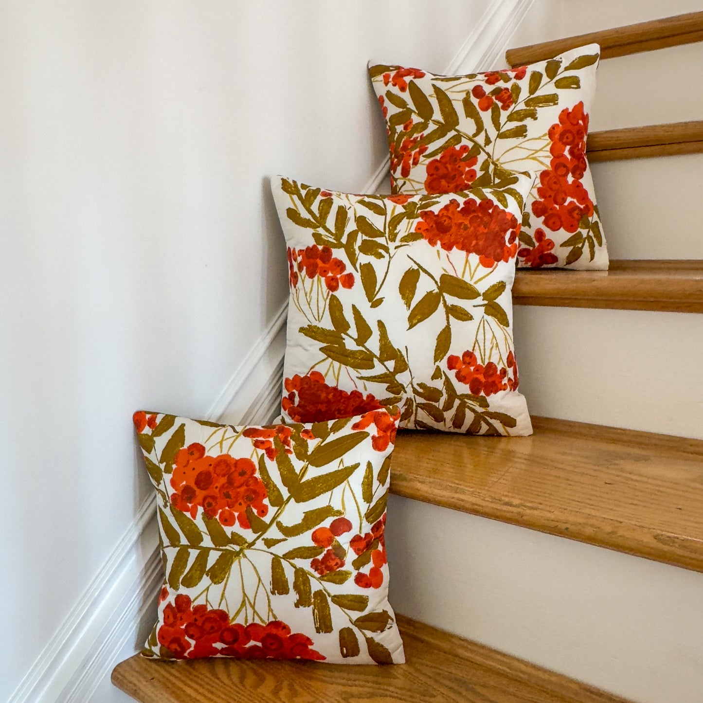 Cherry Floral Throw Pillow 14": Upcycled Vintage Scarf Floral Accent Cushion