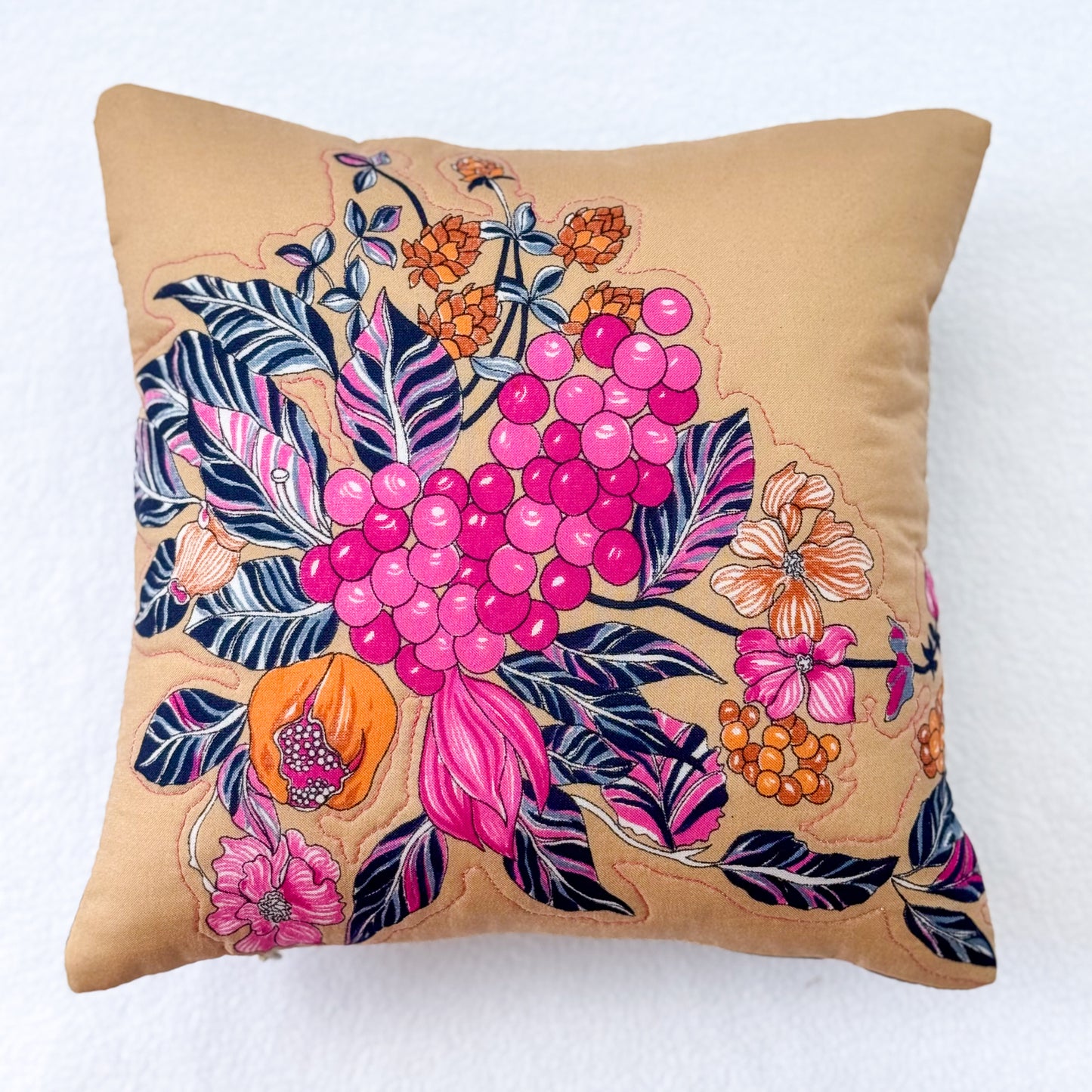 Pink and Tan Floral Print Upcycled Scarf Throw Pillow 10"