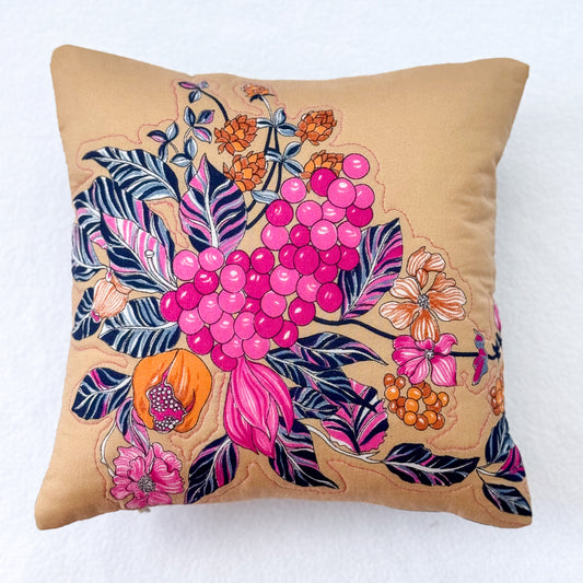 Pink and Tan Floral Print Upcycled Scarf Throw Pillow 10"