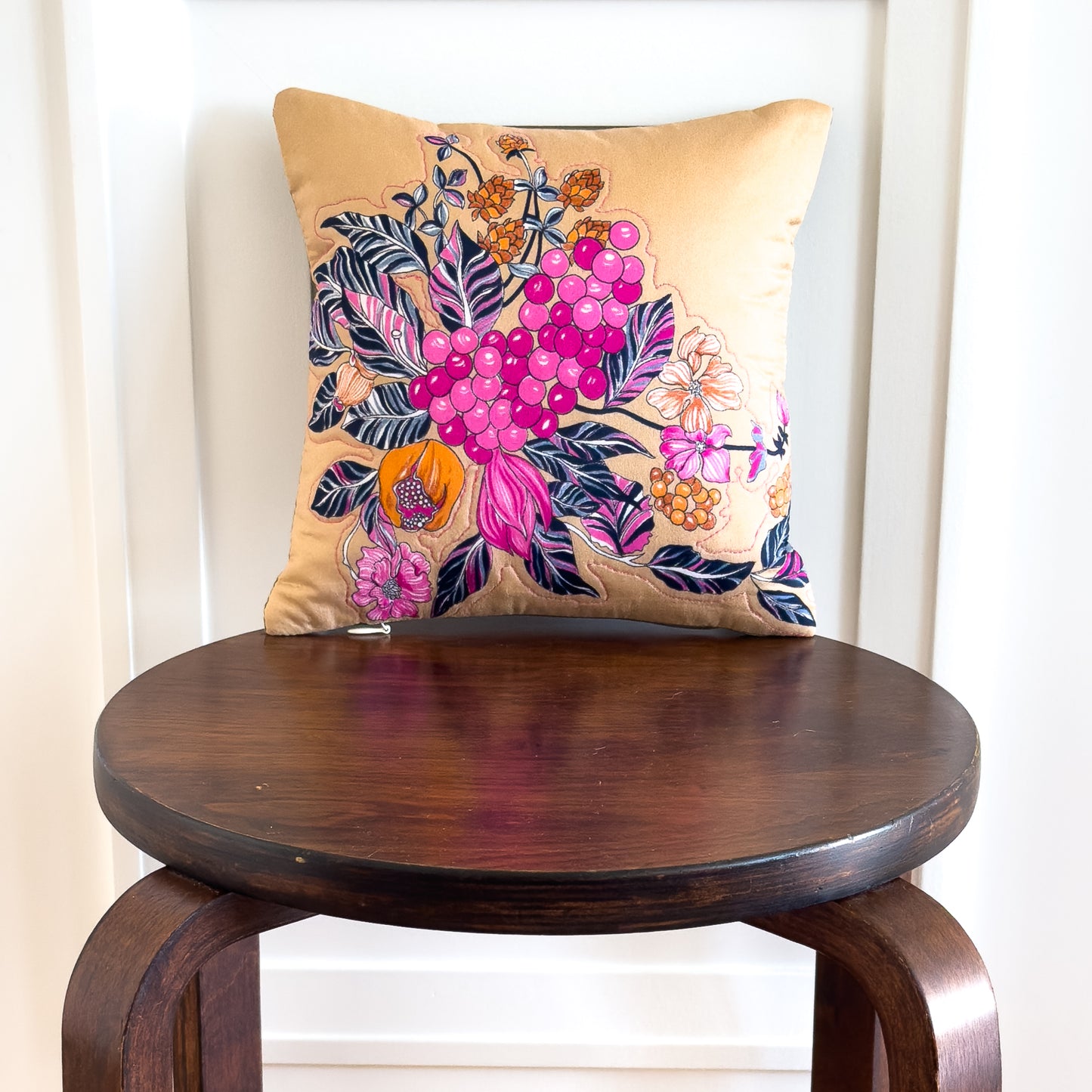 Pink and Tan Floral Print Upcycled Scarf Throw Pillow 10"