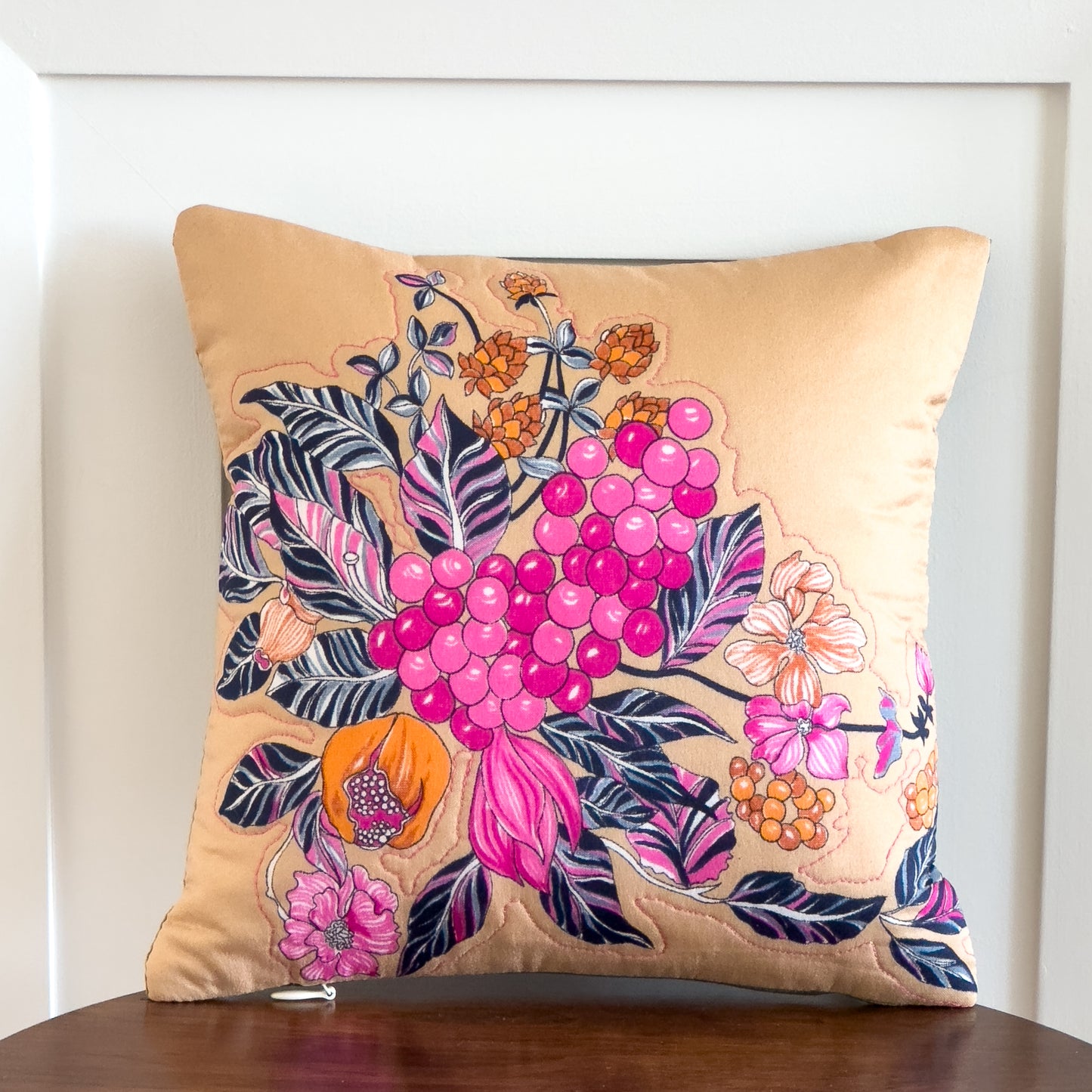 Pink and Tan Floral Print Upcycled Scarf Throw Pillow 10"