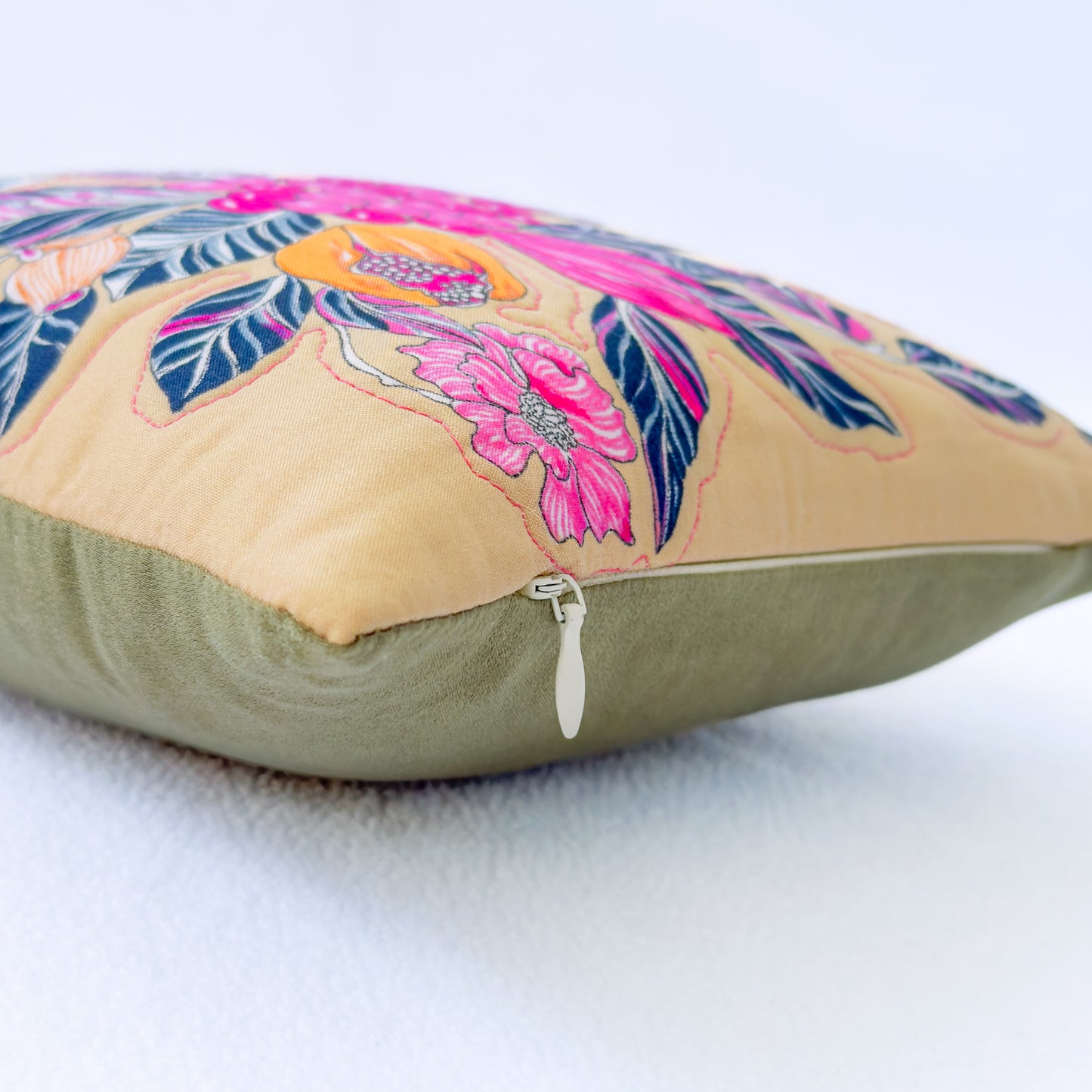 Pink and Tan Floral Print Upcycled Scarf Throw Pillow 10"