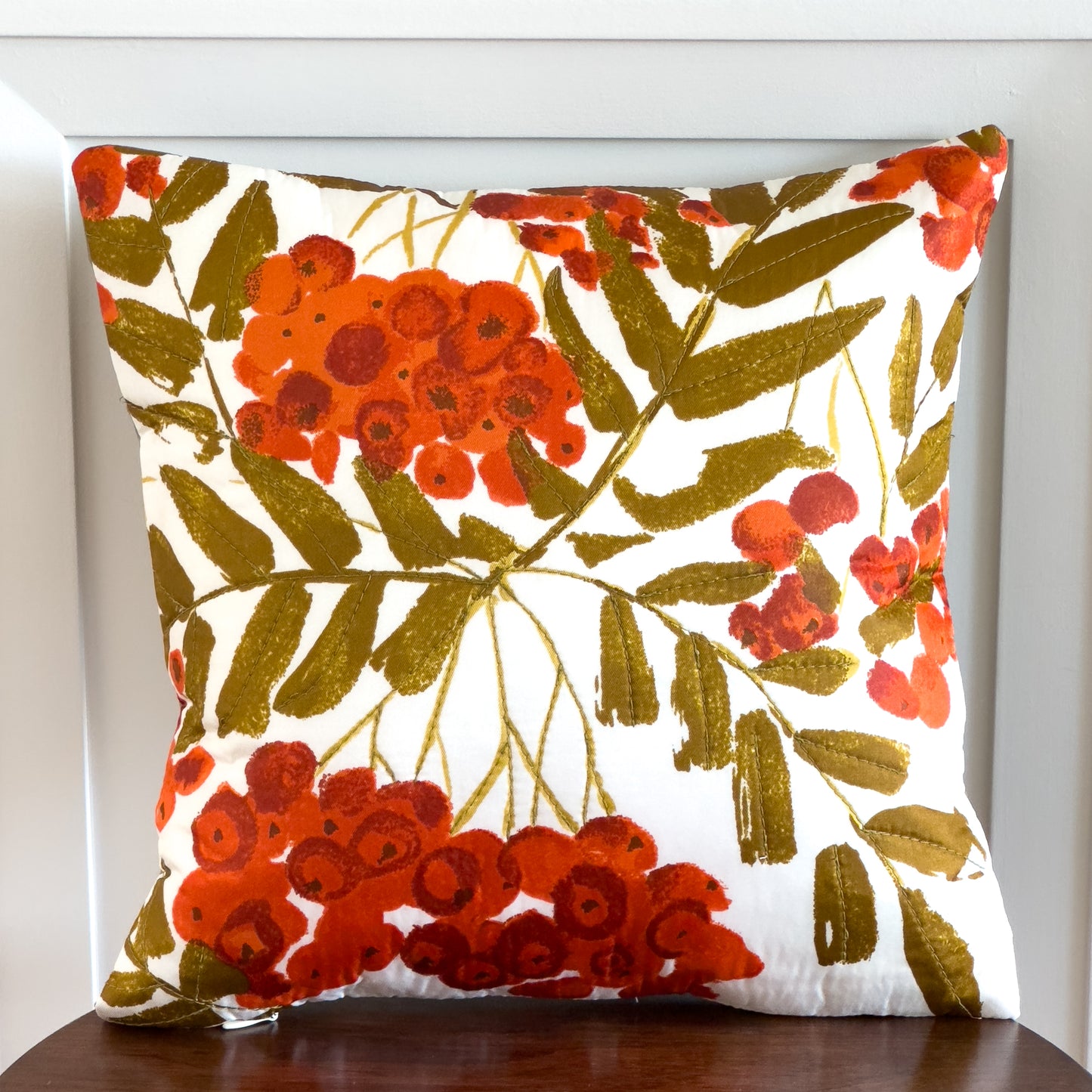 Cherry Floral Throw Pillow 12": Upcycled Scarf Design Quilted Accent Cushion