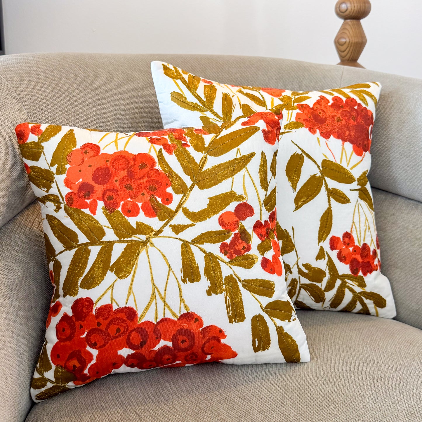 Cherry Floral Throw Pillow 12": Upcycled Scarf Design Quilted Accent Cushion