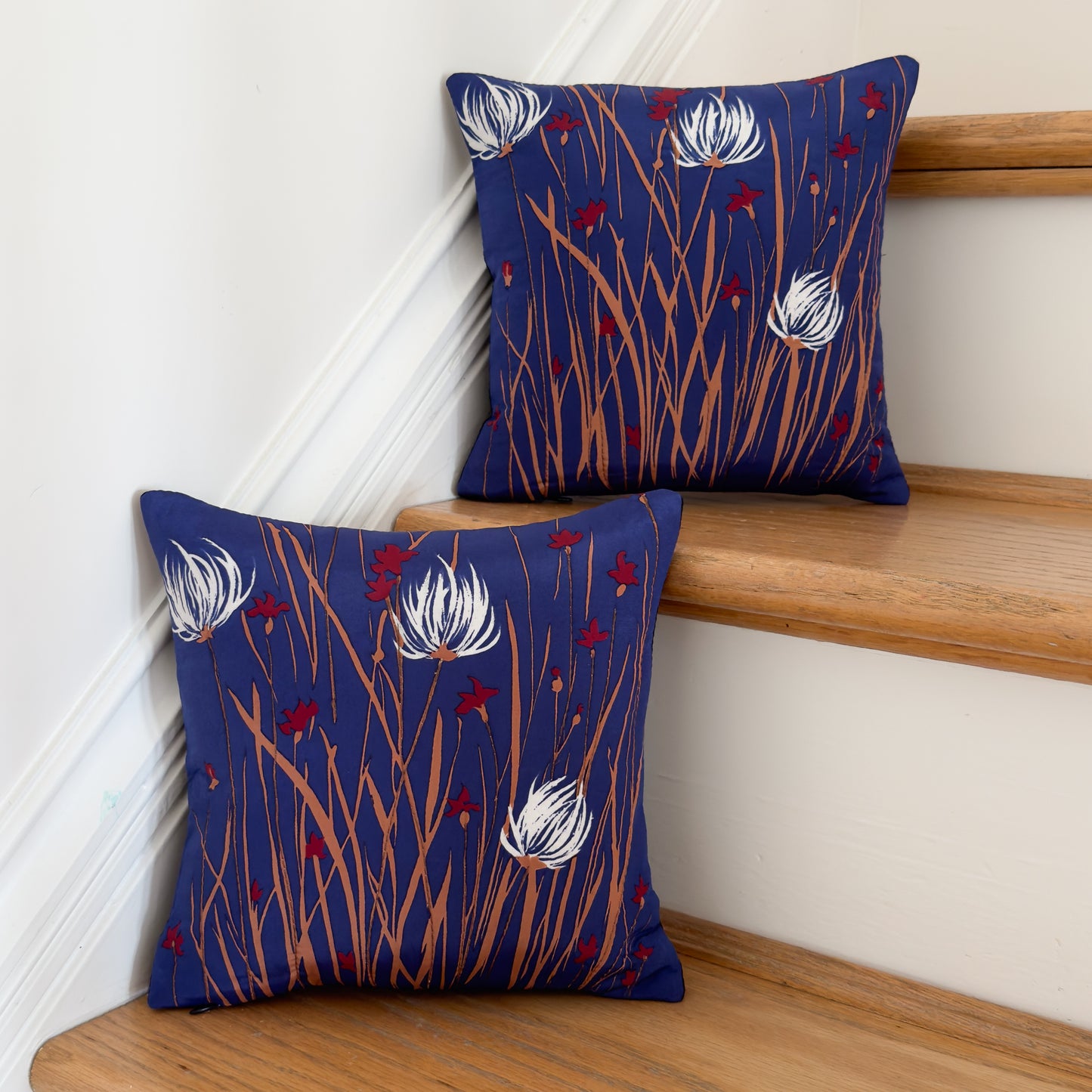 Navy and White Floral Upcycled Scarf Throw Pillow 10"