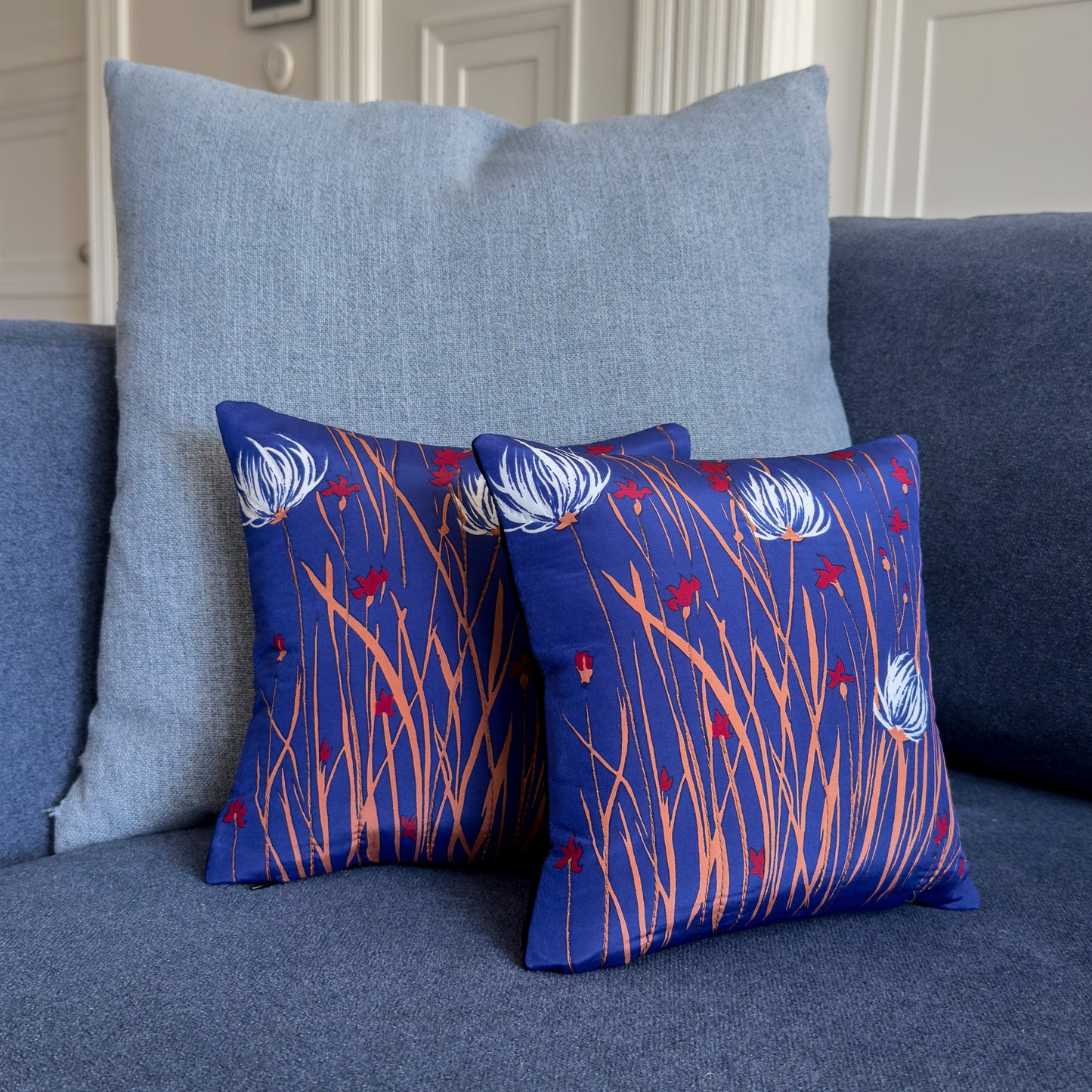 Navy and White Floral Upcycled Scarf Throw Pillow 10"