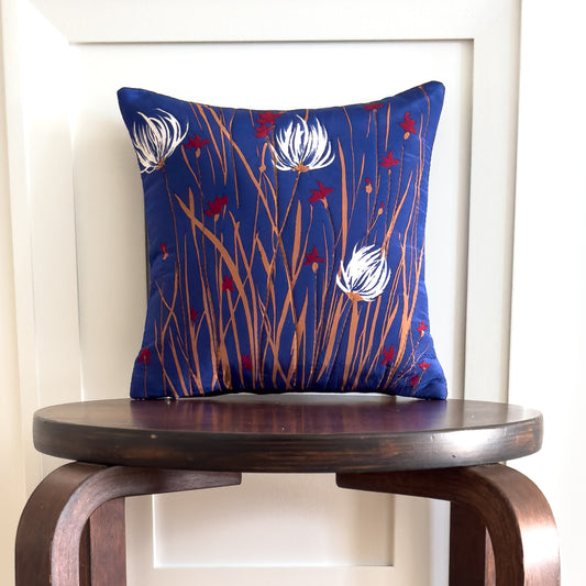 Navy and White Floral Upcycled Scarf Throw Pillow 10"