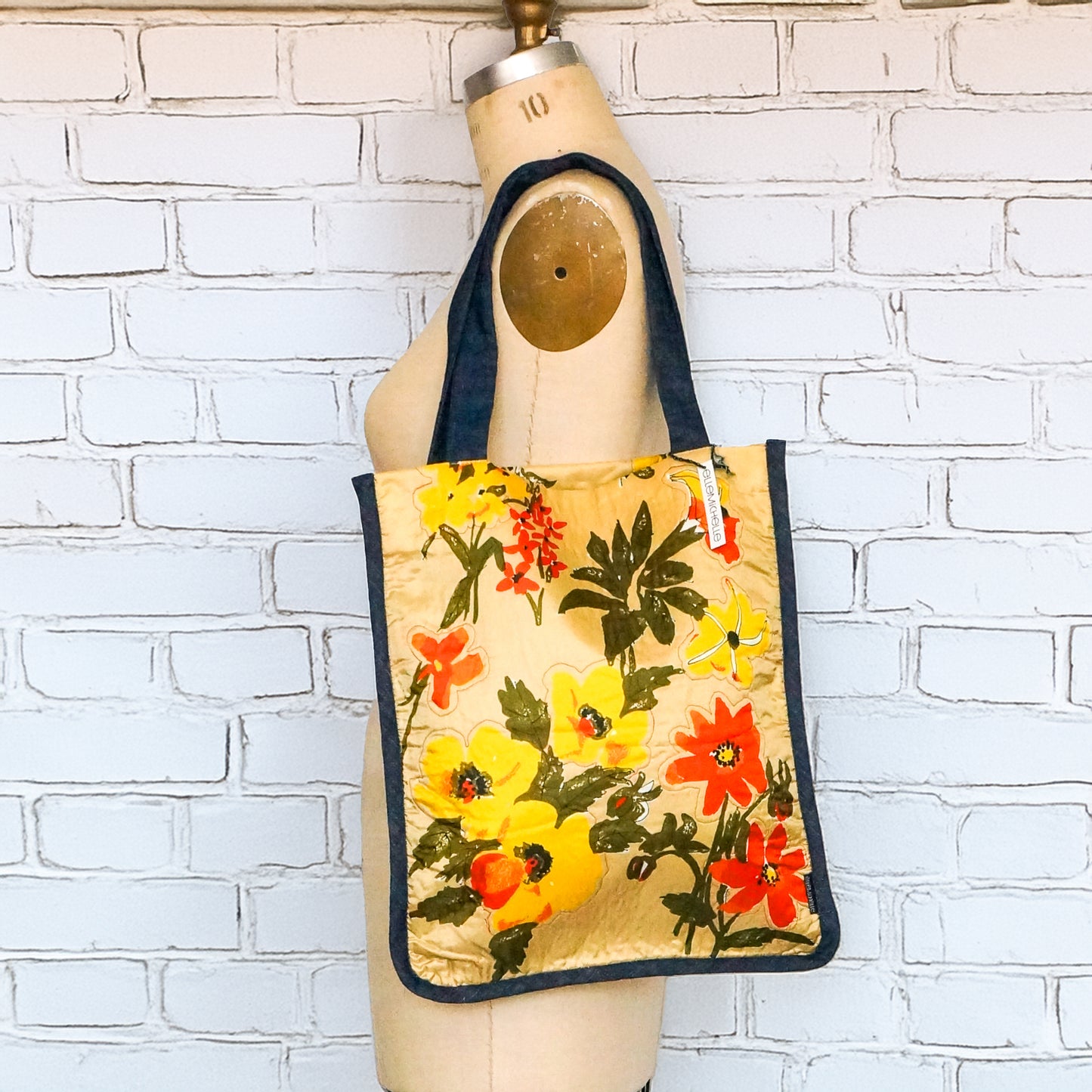 Vintage Scarf Bag Yellow Floral Print | Market Tote Summer Handbag