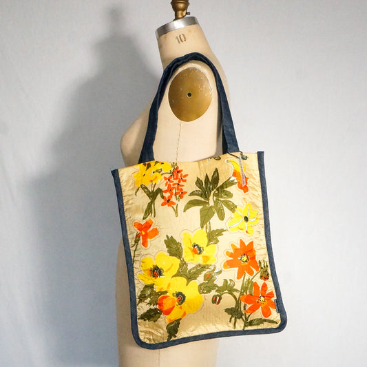 Vintage Scarf Bag Yellow Floral Print |  Market Tote Summer Handbag