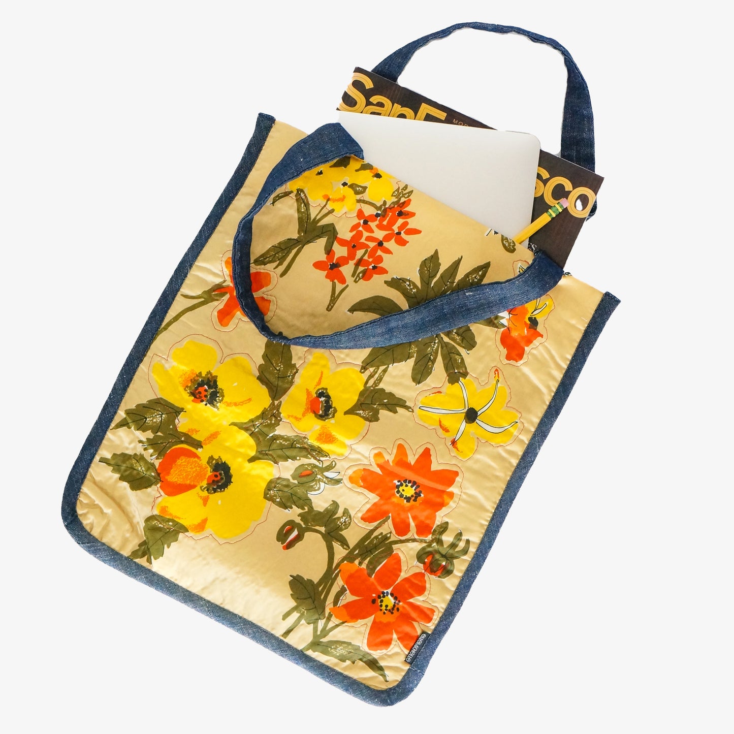 Vintage Scarf Bag Yellow Floral Print | Market Tote Summer Handbag