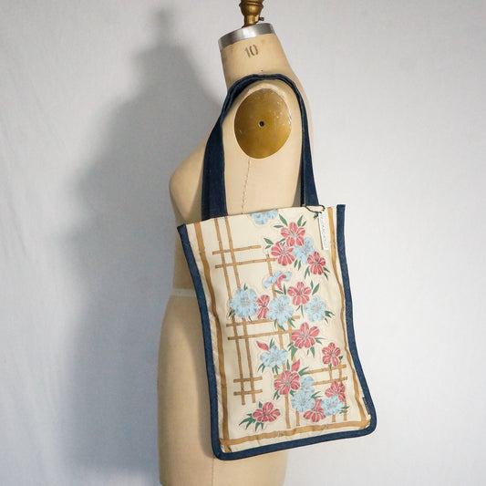 Vintage Scarf  Bag Pink Blue Floral Print | Sustainable Upcycled Fabric Book Bag