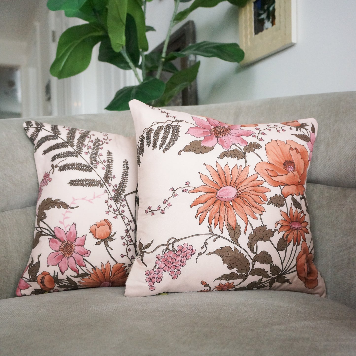 Peach floral accent pillow 12” Upcycled fabric pillow #10