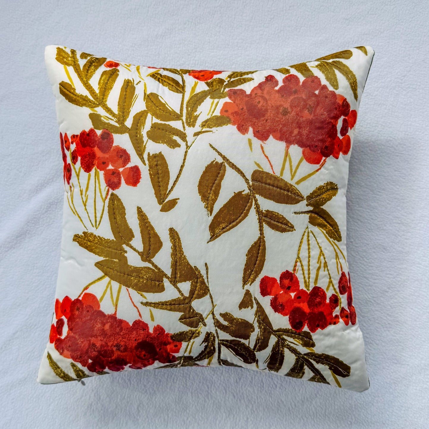 Cherry Floral Throw Pillow 14": Upcycled Vintage Scarf Floral Accent Cushion