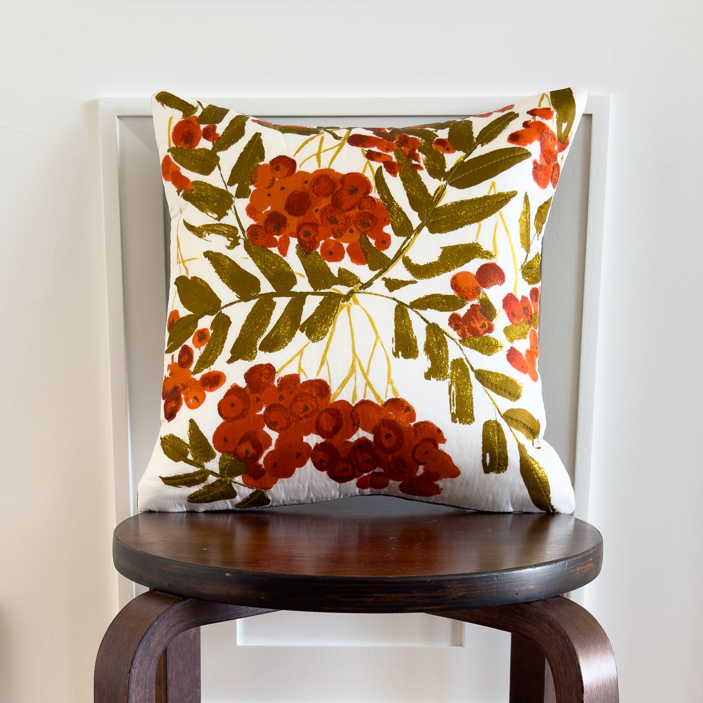 Cherry Floral Throw Pillow 14": Upcycled Vintage Scarf Quilted Accent Cushion