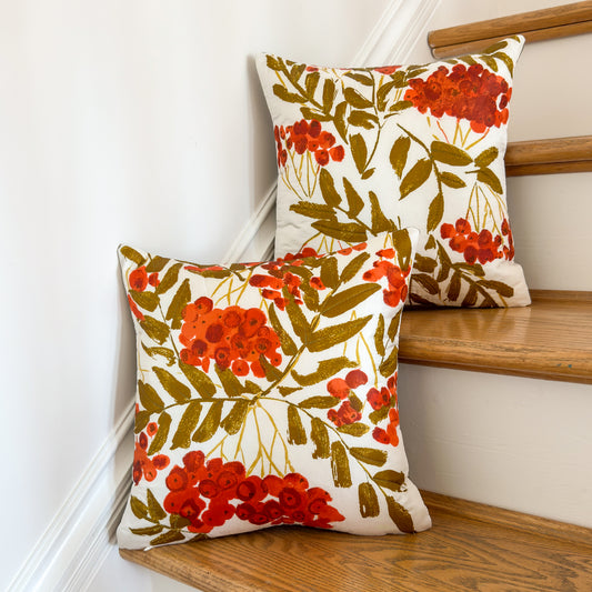 Cherry Floral Throw Pillow 14": Upcycled Vintage Scarf Quilted Accent Cushion