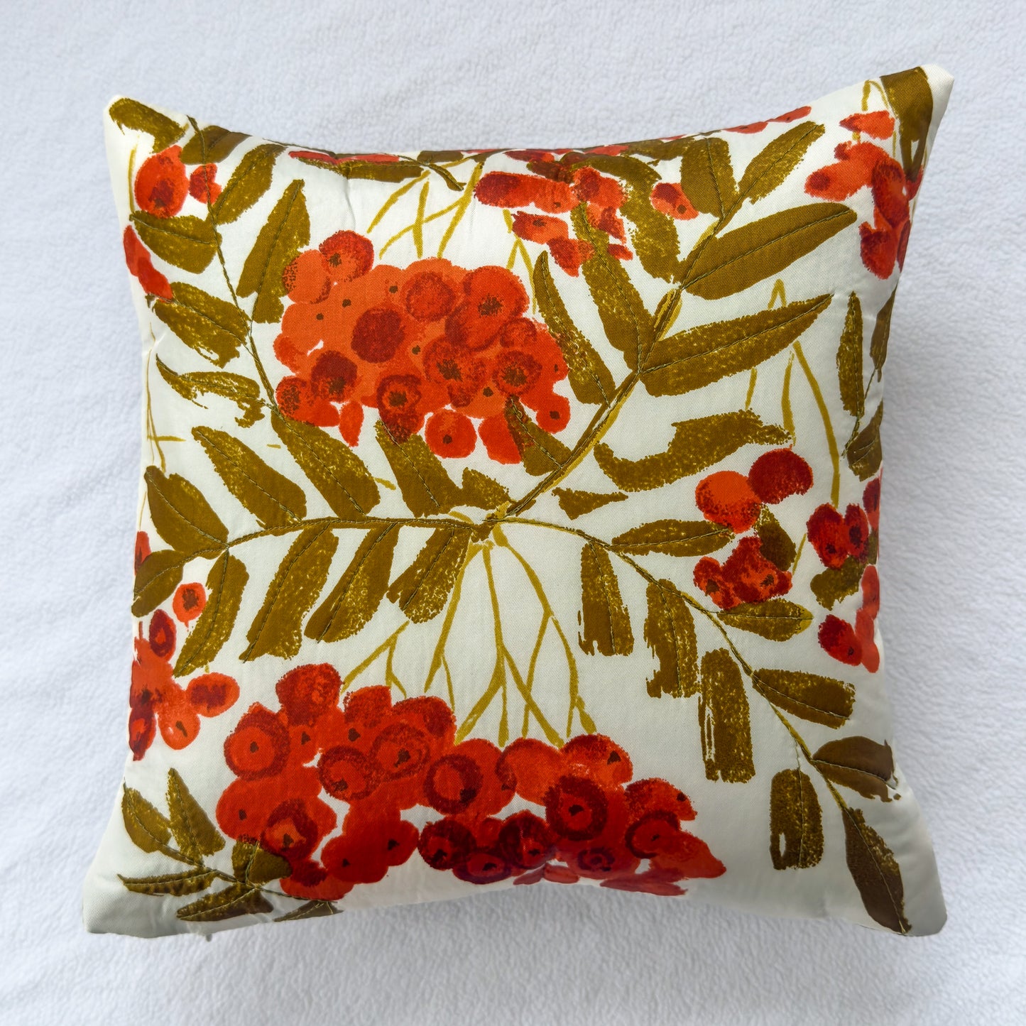 Cherry Floral Throw Pillow 14": Upcycled Vintage Scarf Quilted Accent Cushion