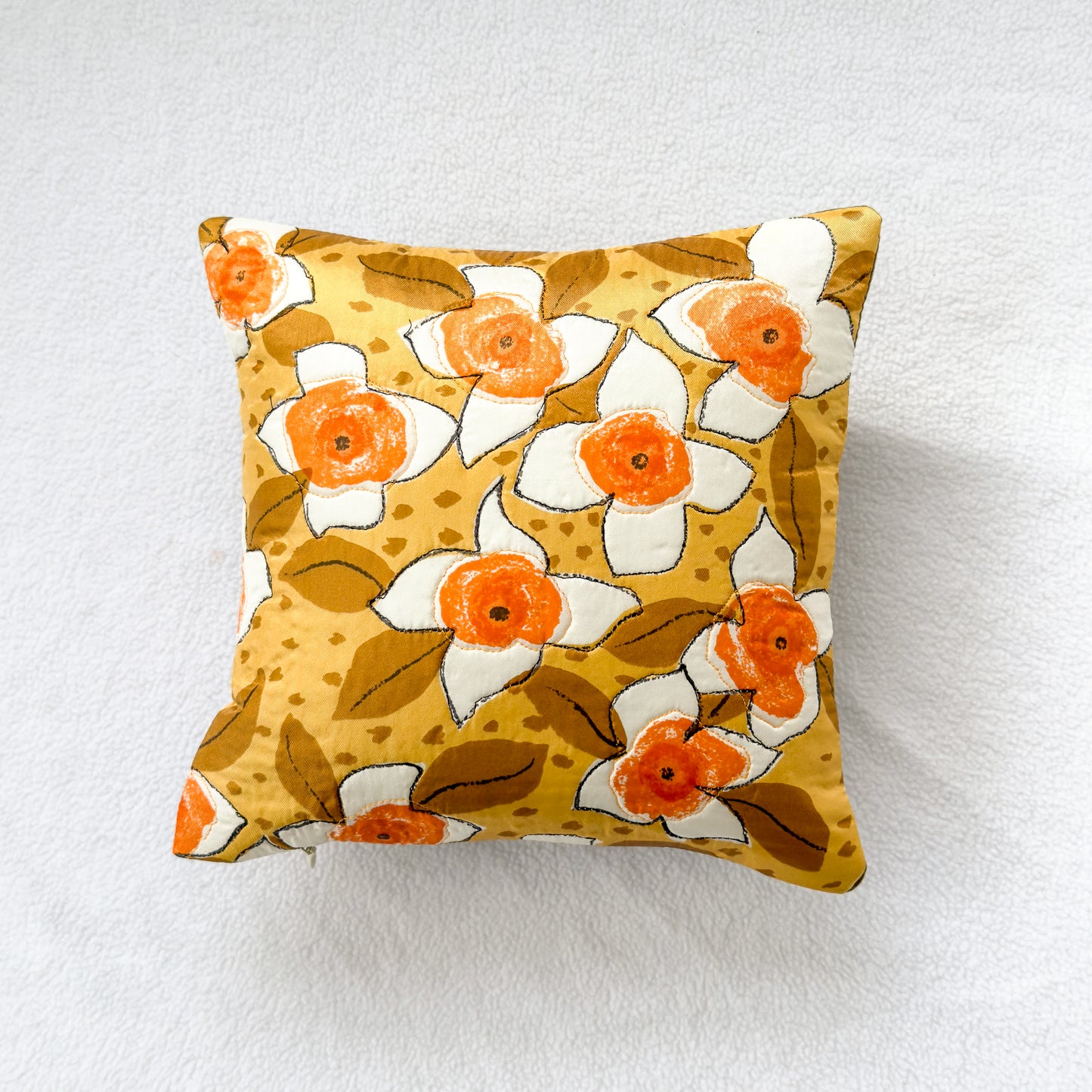 Yellow Floral Throw Pillow 10": Upcycled Retro Scarf Quilted Accent Cushion