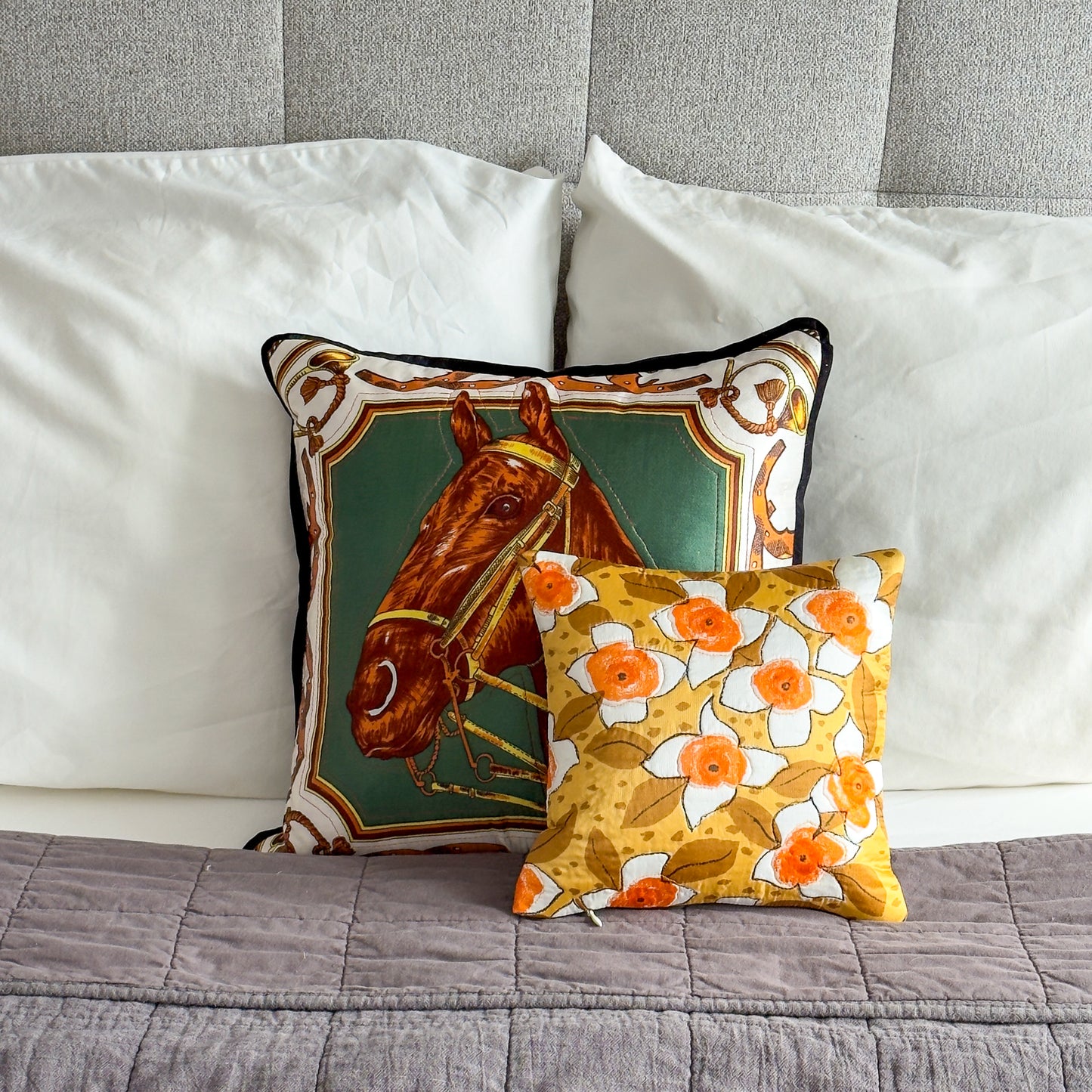 Yellow Floral Throw Pillow 10": Upcycled Retro Scarf Quilted Accent Cushion