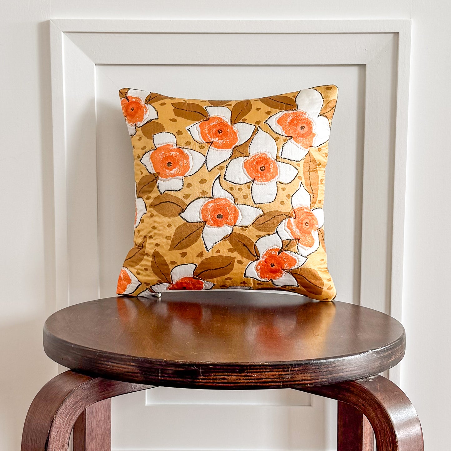 Yellow Floral Throw Pillow 10": Upcycled Retro Scarf Quilted Accent Cushion