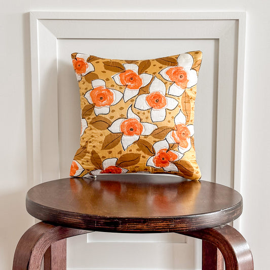 Yellow Floral Throw Pillow 10": Upcycled Retro Scarf Quilted Accent Cushion