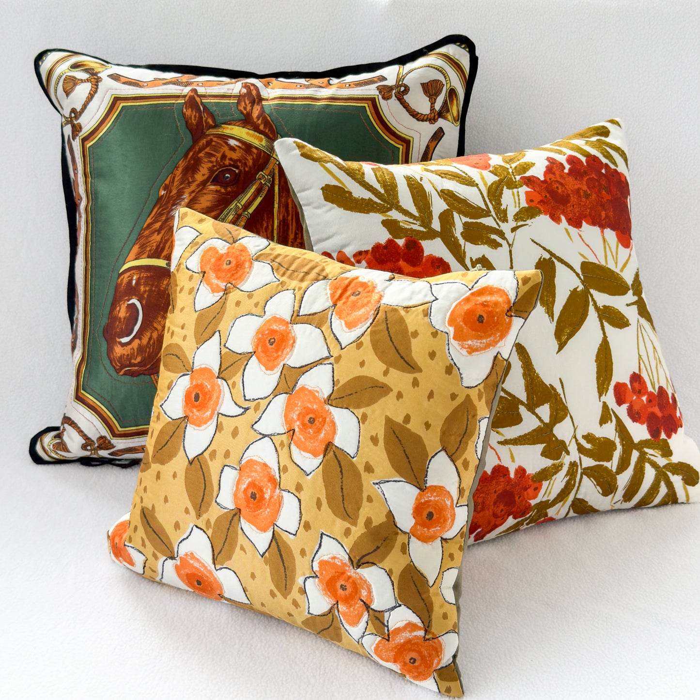 Retro Floral Throw Pillow 12": Upcycled Vintage Scarf Accent Cushion