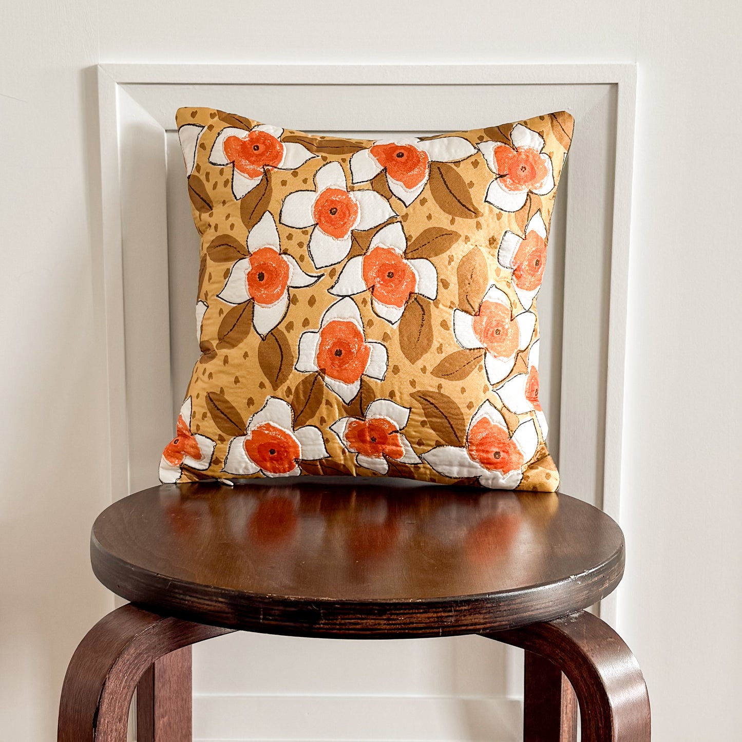 Retro Floral Throw Pillow 12": Upcycled Vintage Scarf Accent Cushion