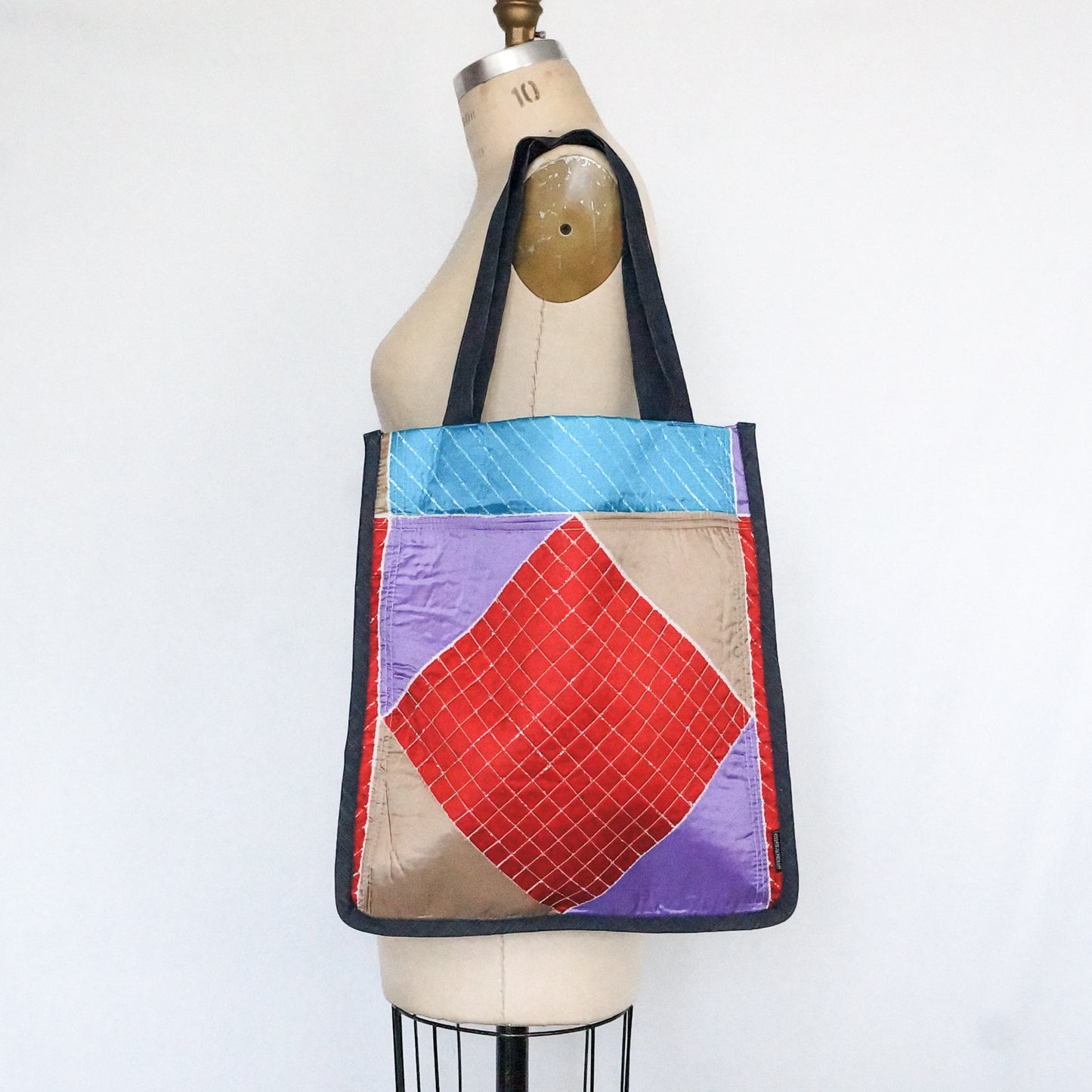 Vintage Scarf Fabric Bag Geometric Pattern | Upcycled Fabric Tote Bag Carryall