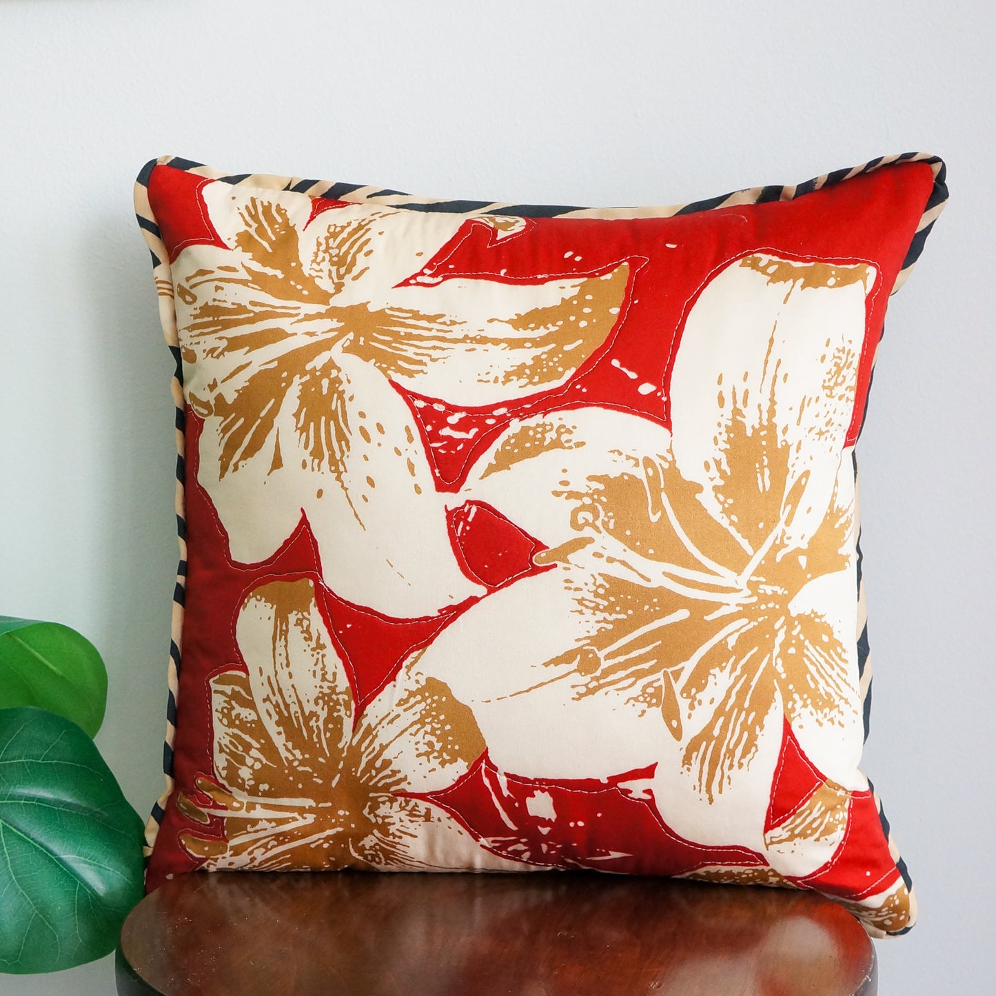 Tropical floral accent pillow 16” Upcycled fabric pillow #12